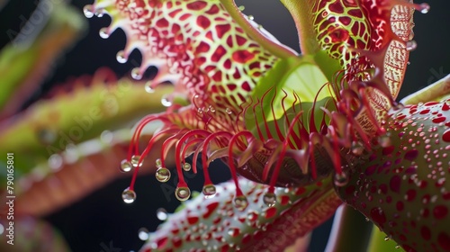 A macro photo of a carnivorous plant, showcasing the intricate details of its traps and the glistening nectar drops.