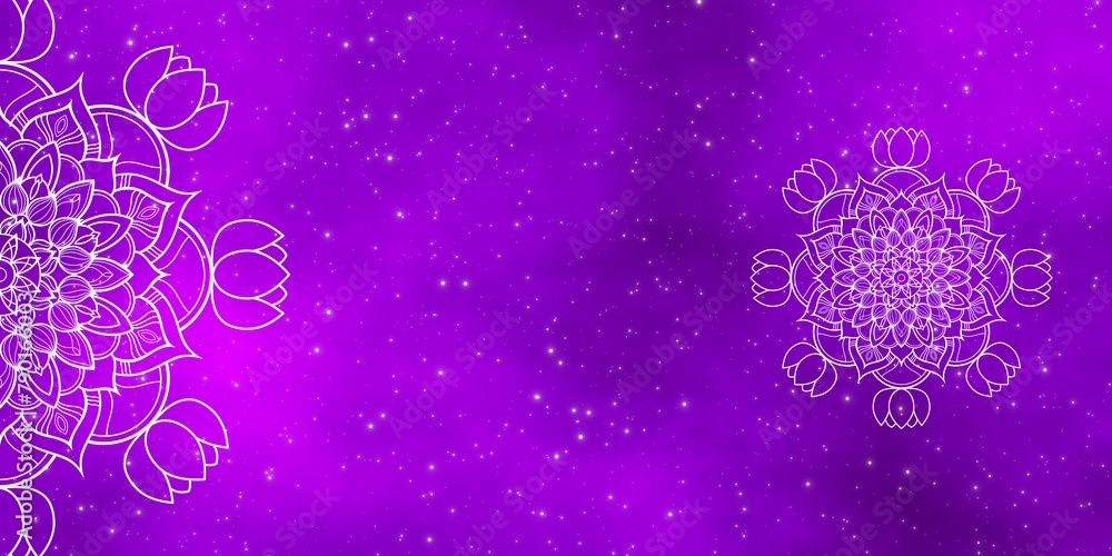 White floral mandala design on purple galaxy and stars field.