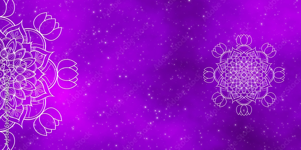 White floral mandala design on purple galaxy and stars field. White floral mandala design on purple galaxy and stars field.