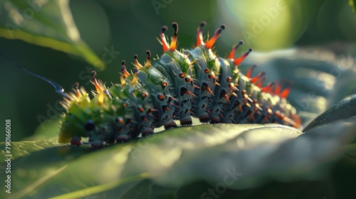 A macro shot of a caterpillar inching across a leaf, emphasizing its bumpy body and tiny legs. concept 3D rendering.