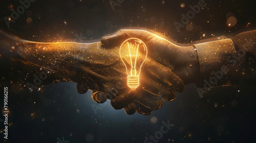 A line art handshake with a lightbulb above it, representing new ideas and partnerships. photo