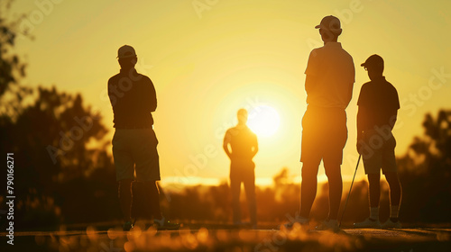 Silhouette of a group of golfers chatting or playing golf on the course after the evening sunset.