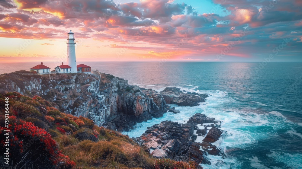 Naklejka premium A picturesque lighthouse on a rocky Australian coastline.