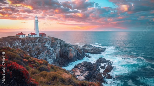 A picturesque lighthouse on a rocky Australian coastline. photo