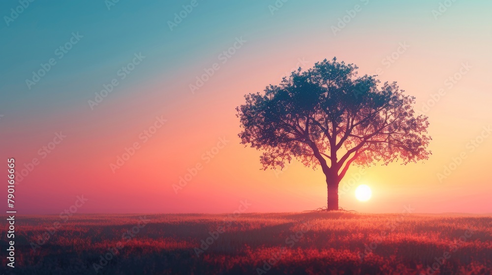 Fototapeta premium A lone, stylized tree silhouetted against a vibrant sunrise with bold color gradients.