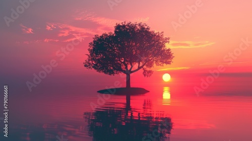A lone, stylized tree silhouetted against a vibrant sunrise with bold color gradients.