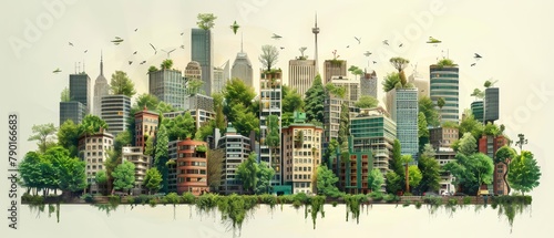 A painting of a city with many plants and trees growing on the buildings and streets.