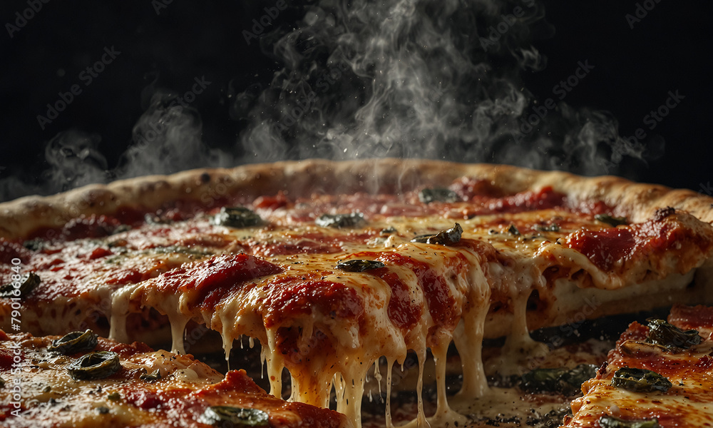 A delicious pizza cooked on a tray in the wood fire. It's piping hot with all its ingredients, ready to be enjoyed.