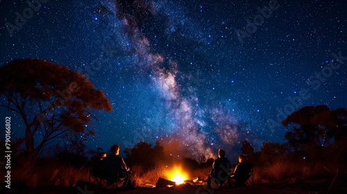 A group of friends camping under the stars in the Outback.