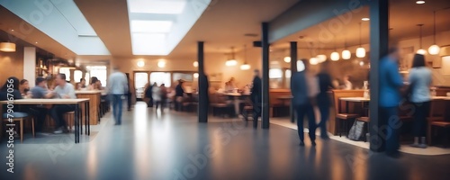 A busy cafe or restaurant interior with blurred people sitting at tables and walking around