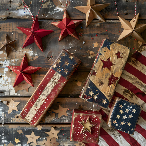 Rustic Charm in Patriotic Crafts: Hand-Carved Flag and Old-Fashioned Candles