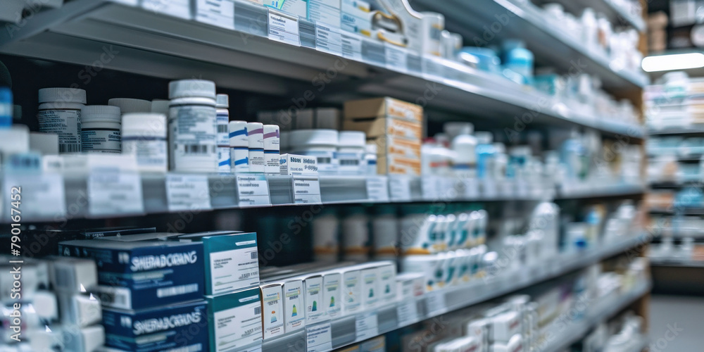 Shelves of various pharmaceutical products displayed in a pharmacy store setting with blurry background shelves and images