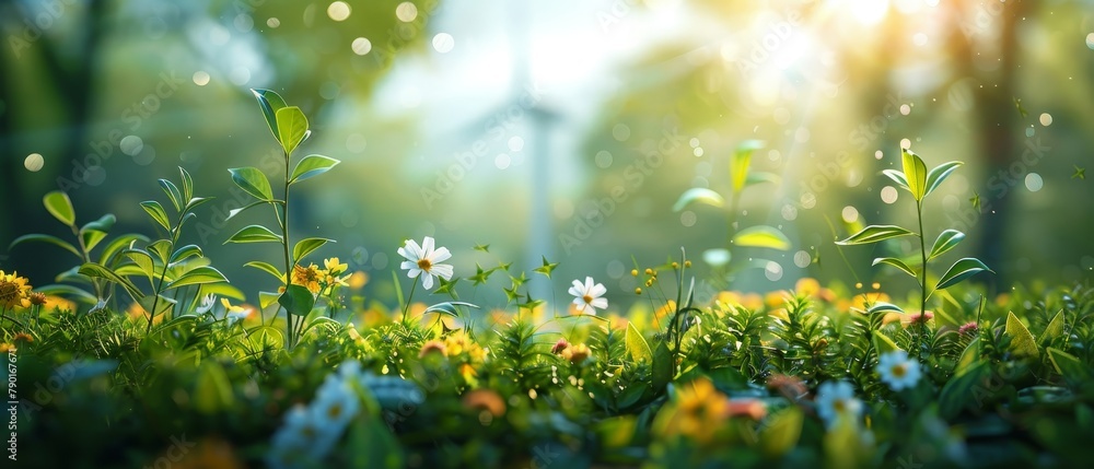 A field of flowers and plants with a beautiful blurred background