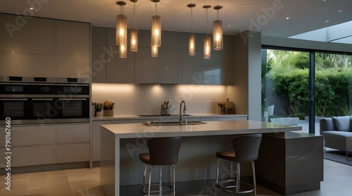 A renovated white kitchen with glass pendant lights hanging above.generative.ai