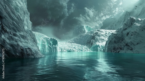 A majestic glacier calving into a turquoise lake, revealing a dark and gritty underbelly of pollutants.