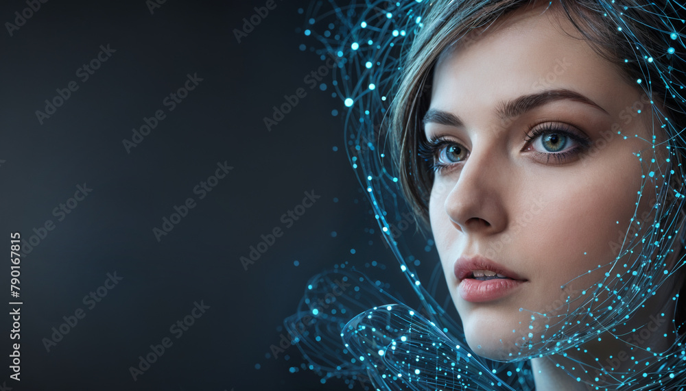 A surreal illustration depicting woman face , overlaid with futuristic digital virtual interfaces structures and code, neural link connections between humanity and technology.