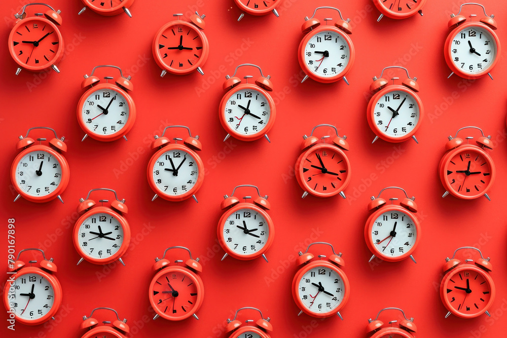 Time is of the essence Multiple red clocks on a vibrant red wall with a central clock standing out Time is of the essence Multiple red clocks on a vibrant red wall with a central clock standing out