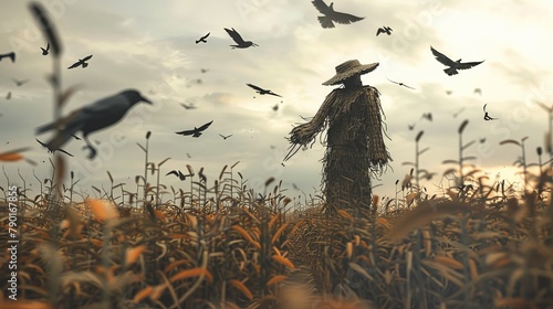 A melancholic papercut scene of a lone scarecrow standing in a field of harvested crops, crows flying overhead against a muted autumn sky. 