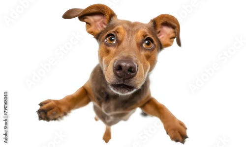 A close-up portrait of a young brown dog with large  alert eyes and perked up ears  looking directly at the camera with a friendly expression