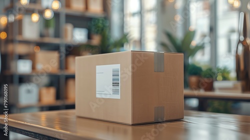 single cardboard package with a printed barcode sits on a wooden table in a modern, cozy warehouse setting. photo