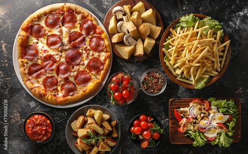 A feast of pepperoni pizza fries and assorted appetizers