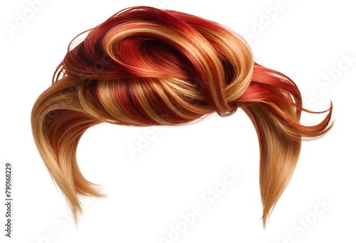 A close-up image of vibrant, wavy red and blonde hair