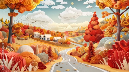 A panoramic papercut landscape showcasing a winding country road lined with trees ablaze with autumn colors, leading towards a papercut village in the distance. 
