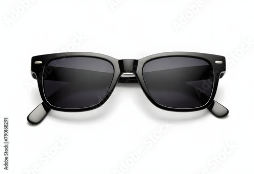 A close-up view of a pair of black rectangular-framed sunglasses with dark lenses