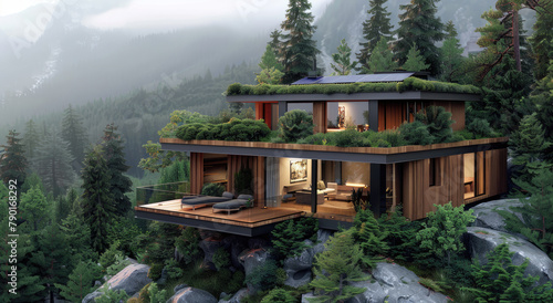 modern architecture house in the mountains, green roof and walls, solar panels on top of the mountain with forest around it