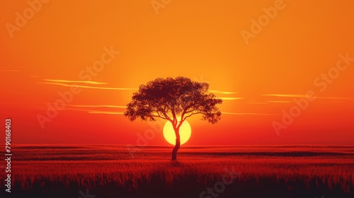 A minimalist line art illustration of a lone tree silhouetted against a fiery orange sunset. photo