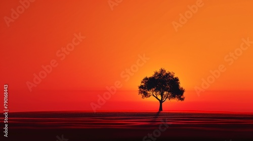 A minimalist line art illustration of a lone tree silhouetted against a fiery orange sunset.