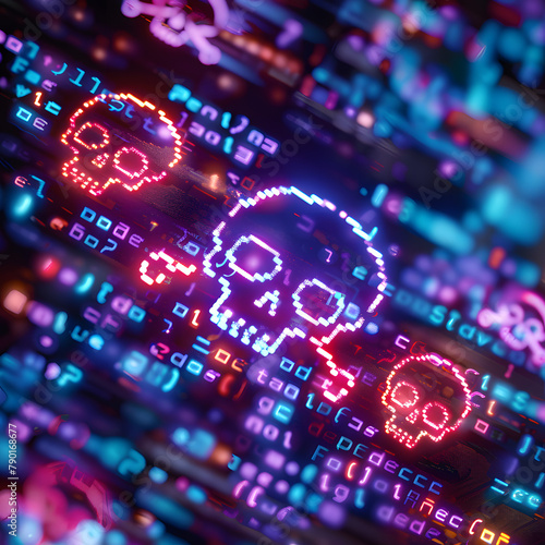 Skulls with bones on them are lit up in neon colors. Malware Cyber Security Concept.