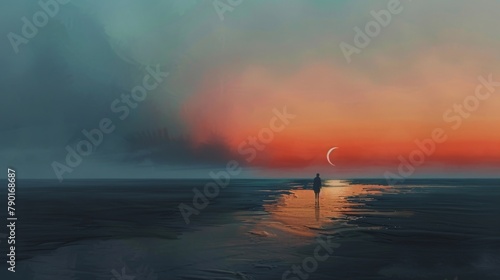 A minimalist watercolor painting of a lone figure walking along a deserted beach at sunset, with a crescent moon in the sky. 