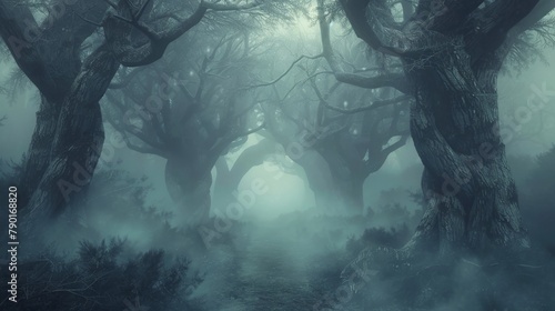 A mystical papercut landscape of a foggy forest, ancient trees emerging from the paper mist, with a hidden path leading deeper into the scene. photo
