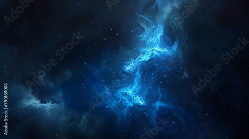 Enveloped by the darkness of space, a solitary plume of azure smoke rises, its form resembling a celestial lightning bolt, its energy palpable and untamed against the black canvas of the universe.