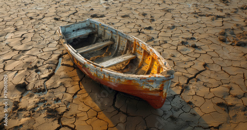 An abandoned boat on cracked, dry ground, possibly indicating a drought or receded water body.