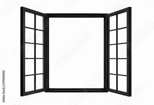 A black framed window with 12 glass panes  open to reveal a blank white background