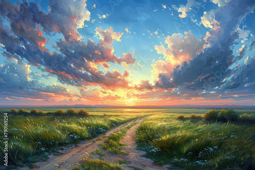 oil painting of dirt road in the distance, sunset sky, clouds, green grass on both sides of ground, small flowers scattered across field. Created with Ai
