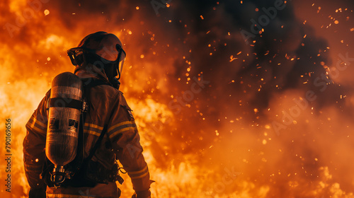 Firefighter going towards the flames, concept of heroism photo