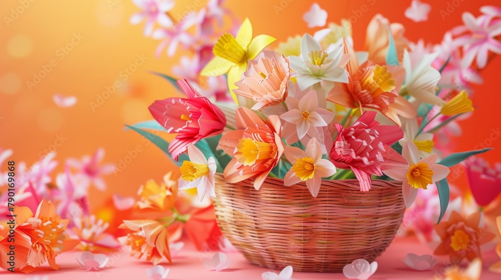A papercut scene bursting with spring blooms - tulips, daffodils, and cherry blossoms overflowing from a woven basket, crafted from brightly colored paper. A papercut scene bursting with spring blooms - tulips, daffodils, and cherry blossoms overflowing from a woven basket, crafted from brightly colored paper.