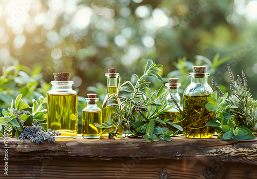 A serene array of herbal oils amidst lush greenery