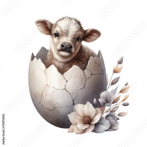 cute calf in an egg shell with flowers Easter cute animal watercolor drawing