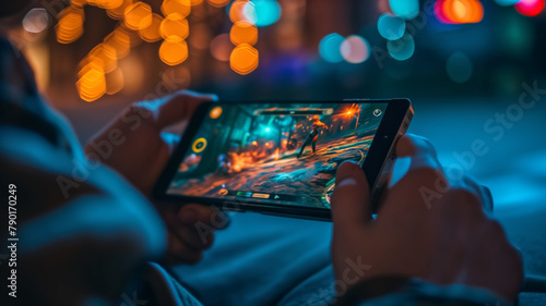 Person playing an action game on a smartphone in a low-light environment with bokeh lights in the background. Mobile gaming and entertainment concept.  photo