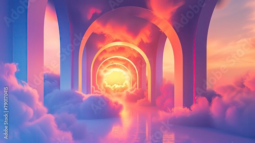 Cloudwrapped arches, ethereal corridor, sunrise hues, dreamlike aura photo