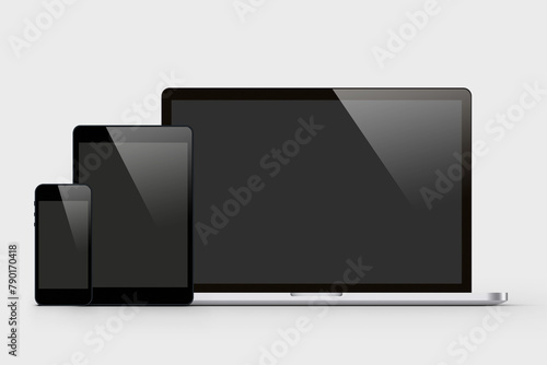 Devices set with blank screen saver isolated on grey background 3D Rendering