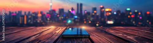 Cityscape cradled in smartphone glow, evening vibe, wood surface