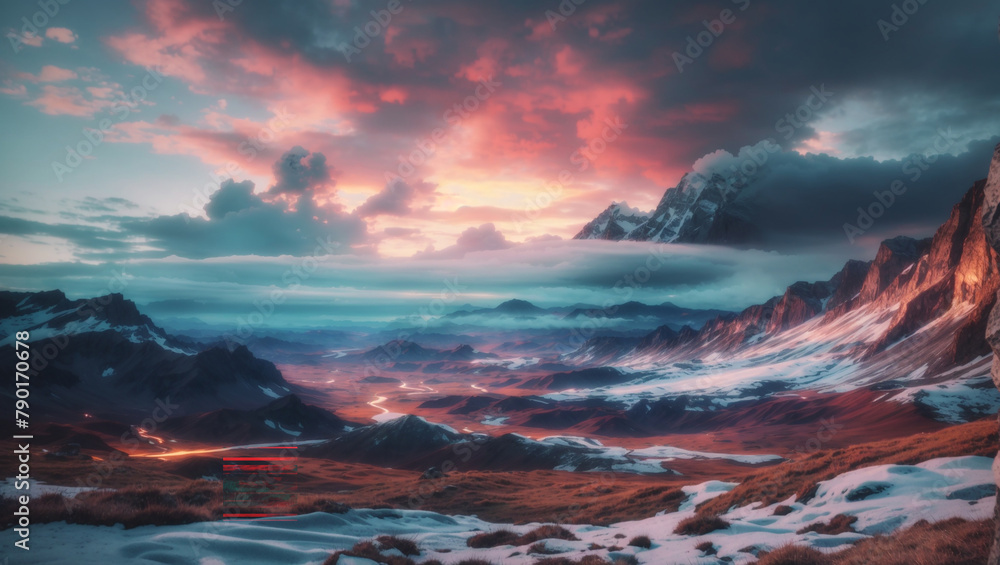 A person standing on a snowy mountaintop looking at a sunset over a mountain range