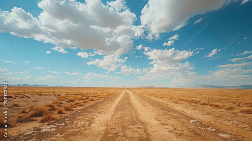 Vast desert landscape with a straight dirt road stretching into the horizon under a sky with scattered clouds. Vast desert landscape with a straight dirt road stretching into the horizon under a sky with scattered clouds.