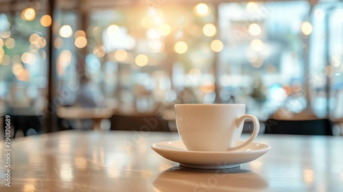 Serene cup, cafe life in soft focus, gentle overhead light, still