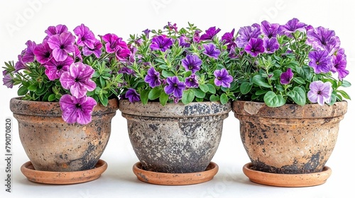 Three flowering petunias in rustic terracotta pots on a white background